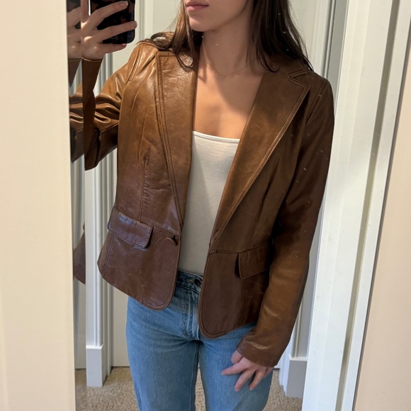 Caramel Brown Blazer-Style Tommy Hilfiger Leather Jacket - Picture 1 of 8